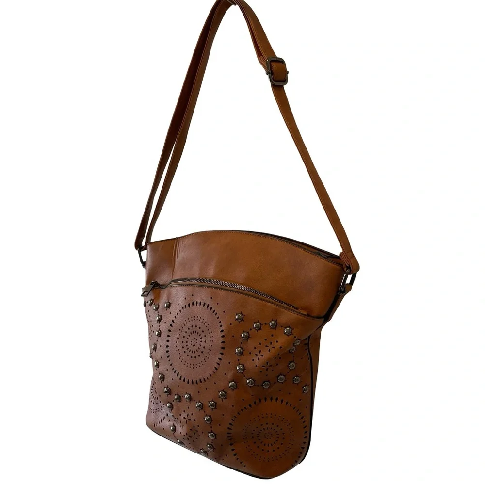 Sam & Hadley Brown Crossbody Bag with Decorative Stud and Cutout Details